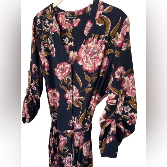 41 Hawthorn 🆕 Button-Up Belted Shirt Style Navy with Pink Floral Dress NWOT- M - Picture 2 of 10